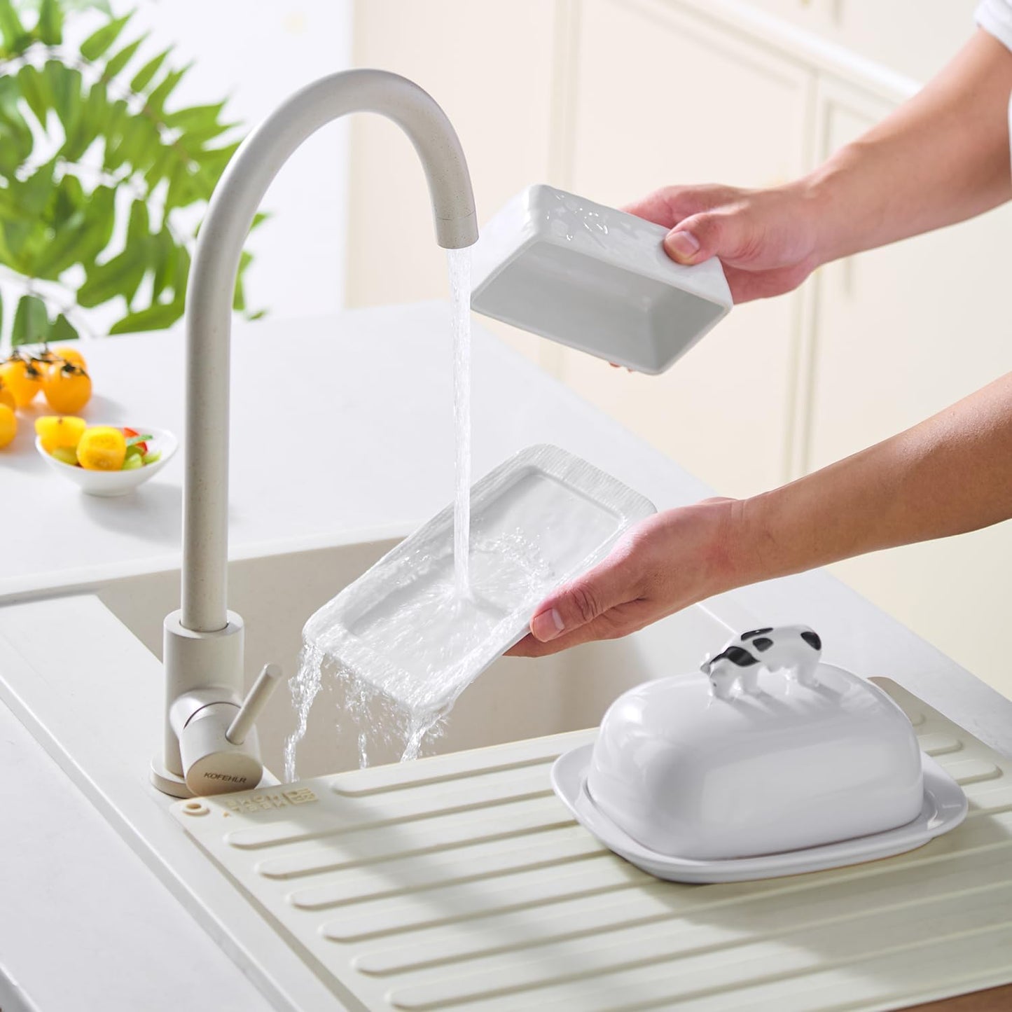 Butter Dish with Lid for Countertop, 7.2" x 4.7" Ceramic Butter Keeper Container, White Butter Holder Tray for East West Coast Butter Stick, Microwave & Dishwasher Safe