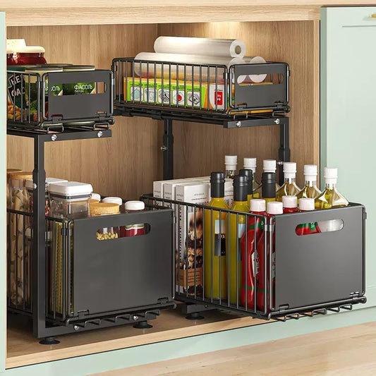 Under Sink Organizer with Adjustable Height, 2 Tier Pull Out Cabinet Design, Sliding Sink Shelf for Enhanced Storage Capacity, Counter Organizer Storage for Kitchen & Bathroom, Black, 2 Pack