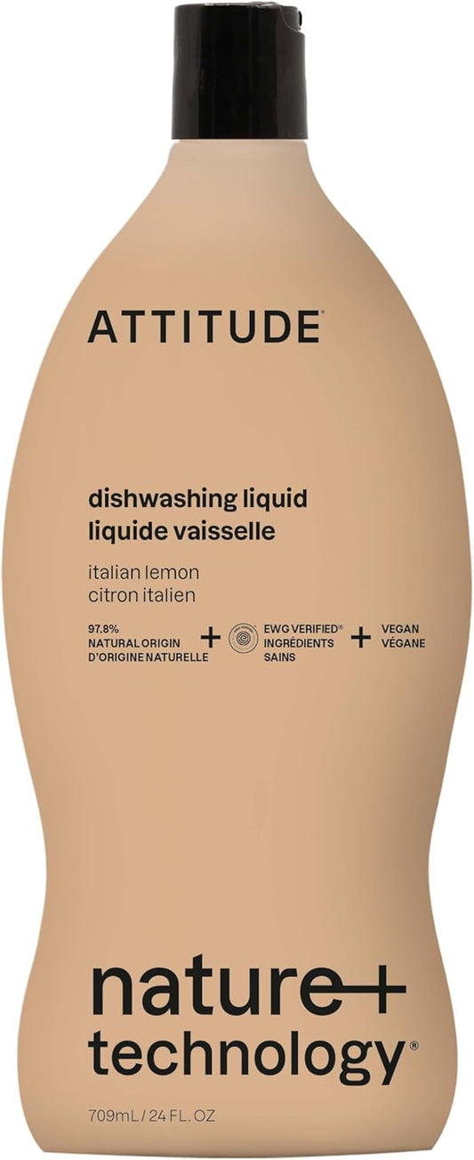 ATTITUDE Dish Soap, EWG Verified, Plant-Based & Vegan Dishwashing Liquid, Naturally Derived, Italian Lemon Scent, 24 Fl Oz