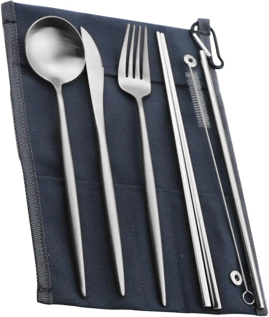 Gugrida Reusable Travel Utensils, 7 Pieces Portable 18/10 Stainless Steel include Knife Fork Spoon Chopsticks Cleaning Brush Straws Portable Pouch, Eco-friendly Camping Silverware Set, Dishwasher Safe