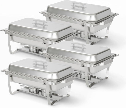 4 Pack Chafing Dish Full Set – Stainless Steel Catering Chafer with Lids, Pans & Fuel Holders – Buffet Food Warmers for Parties, Events & Weddings – Alpine Gray Handles
