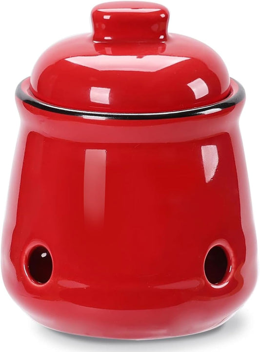 HAOTOP Ceramic Mini Garlic Keeper with Lid, Garlic Container Saver for Countertop, Keep Your Garlic Cloves Fresh (Red)
