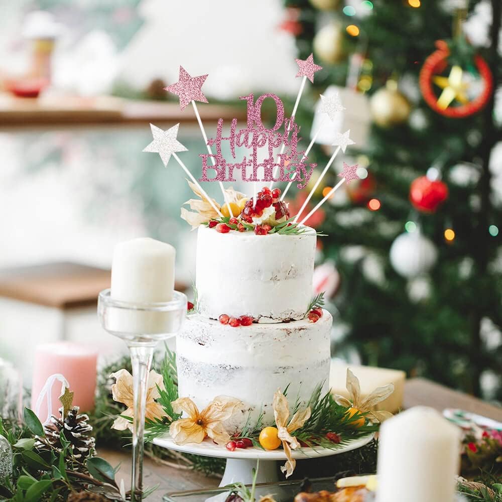 Glittery 10th Happy Birthday Cake Topper with Star,Personalised 10 Birthday Cake Toppers Party Decorations Party Supplies for Boys Girls Rose Gold