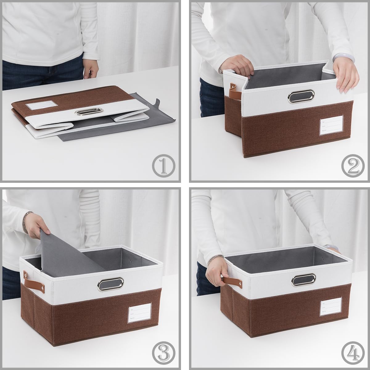 PRANDOM Foldable Storage Bins with Handles [3-Pack] Fabric Collapsible Storage Boxes Baskets Cubes Containers with Handles for Closet Living Room Bedroom (Brown & White 14.9x9.8x8.3'')