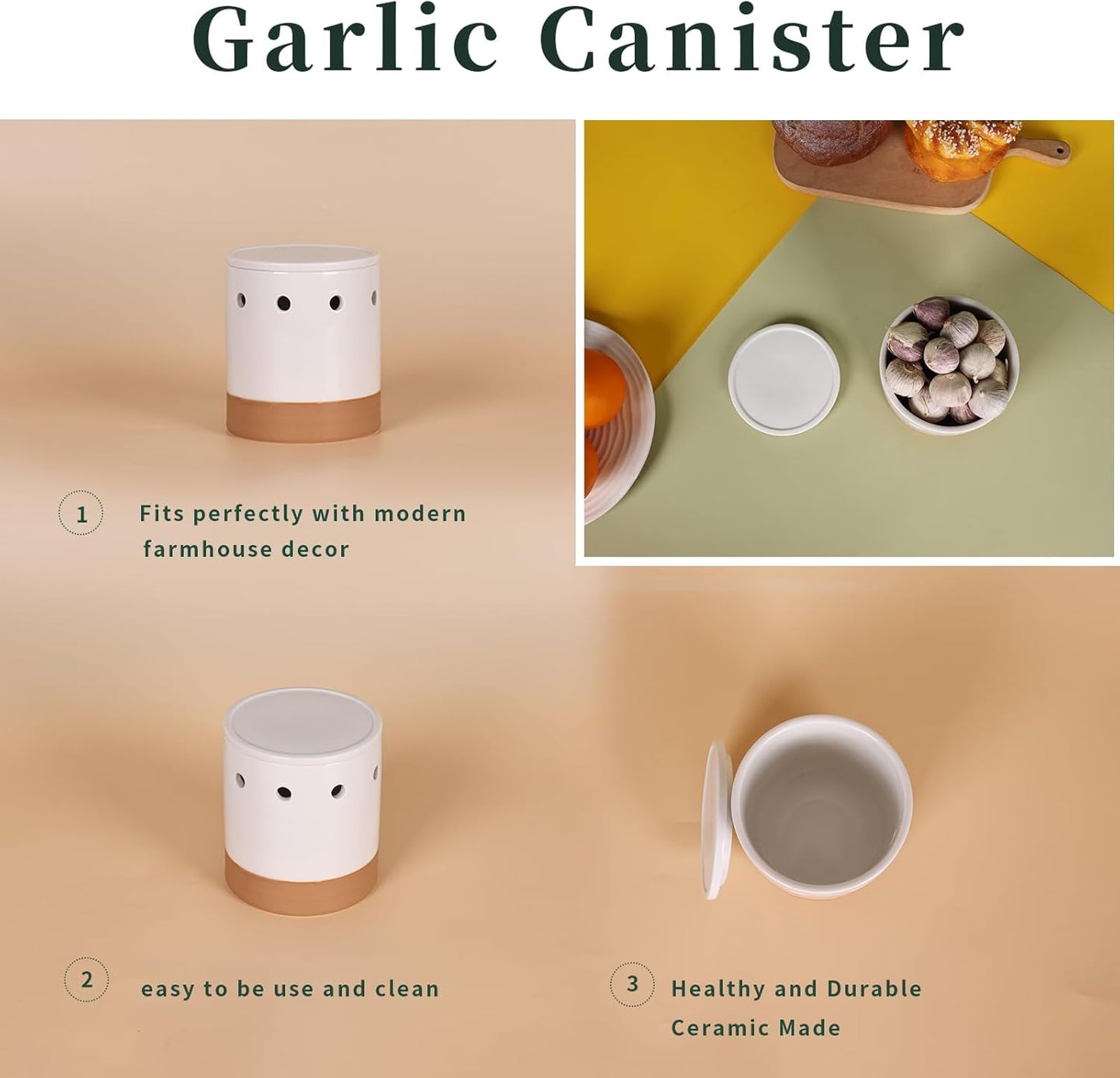 LEETOYI Garlic Keeper with Lid, Garlic Holder Storage Container, Ceramic Garlic Container for Countertop, Garlic Saver to Keep Your Garlic Cloves Fresh Longer, Easy to Clean