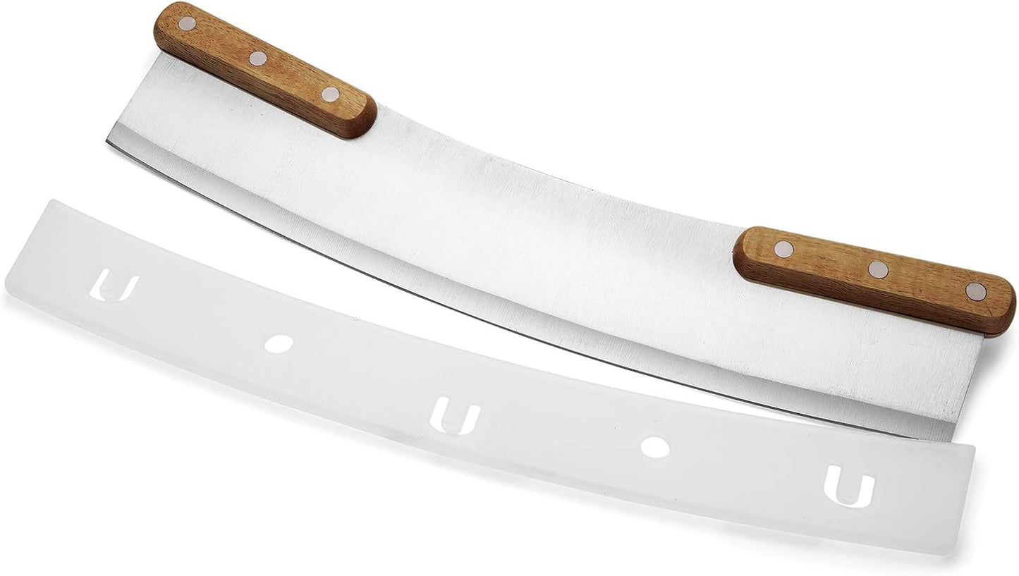 Outset Acacia Wood Handled Extra-Large Pizza Rocker with Protective Case, 13-Inch Blade, Stainless Steel