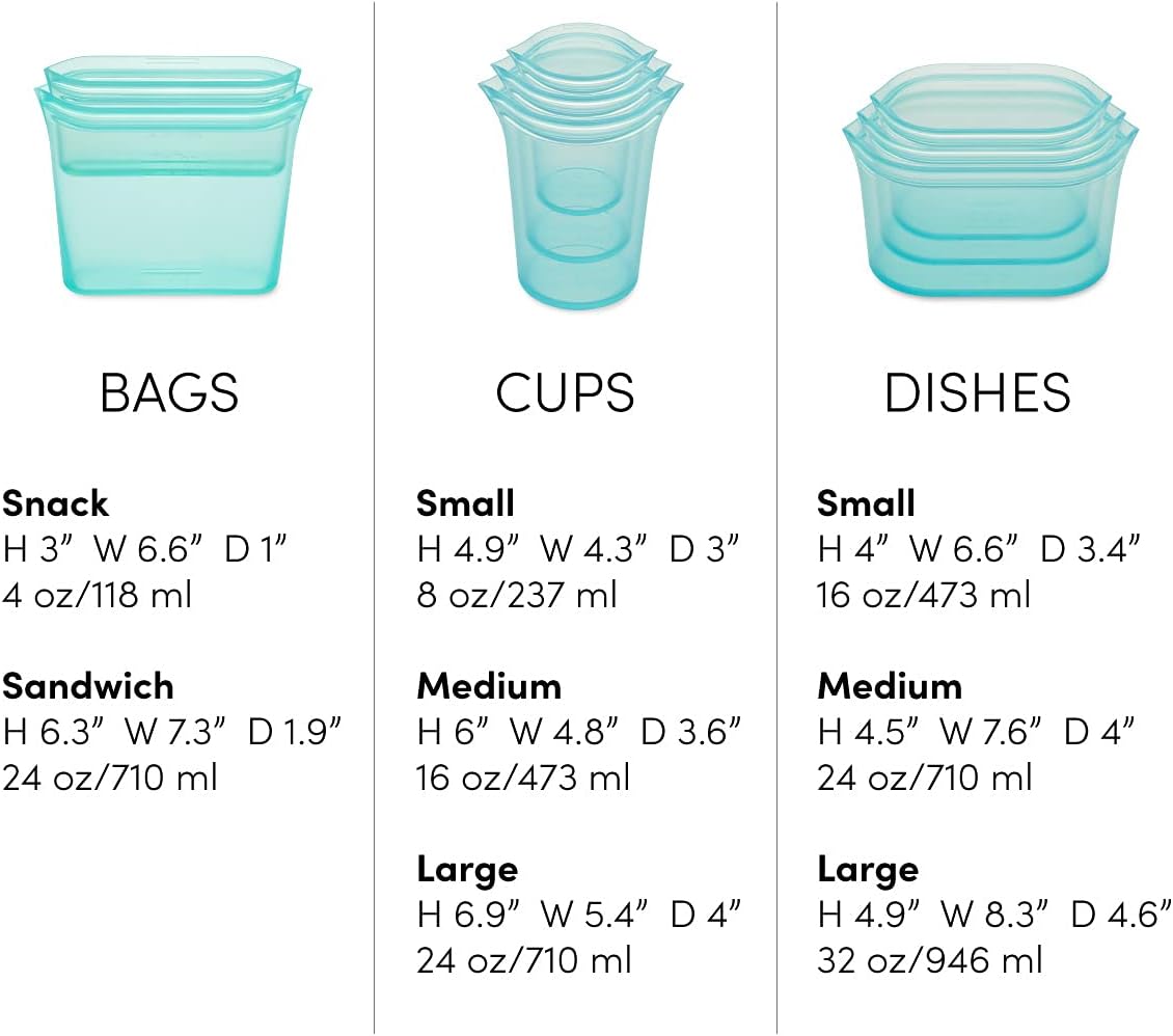 Zip Top Reusable Food Storage Bags | Full Set of 8 [Teal] | Silicone Meal Prep Container | Microwave, Dishwasher and Freezer Safe | Made in the USA