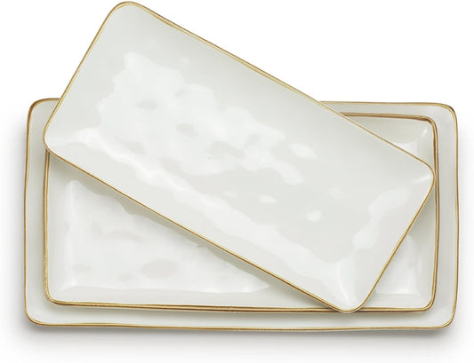 famiware Serving Platter, Rectangular 15.67/14.1/12.6inch Serving Dishes for Entertaining, Microwave Dishwasher Safe, Stoneware Serving Trays for Party, Turkey, Cheese, Ocean Series, Vanilla White