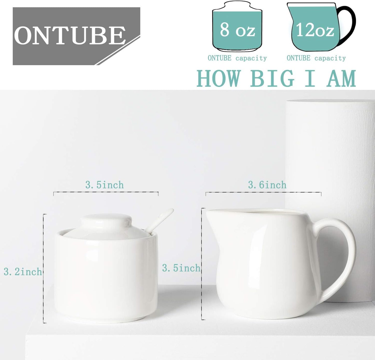 ONTUBE Porcelain Sugar and Creamer Set of 3,Cream Pitcher, Spoon, Sugar Bowl with Lid,Cream (White)