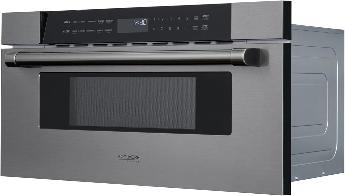 KoolMore Reserve 30 in. 1.2 cu. ft. Microwave Drawer with 10 Power Levels, Sensor Cooking, Melt, Defrost, Bake, Roast, Broil, Timer, Express Cook, 1500 Watts, UL Certified in Black Stainless-Steel