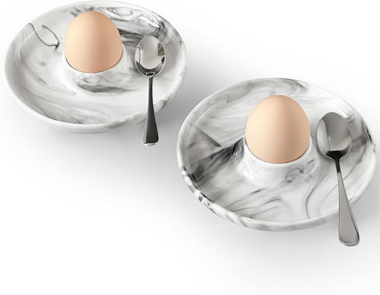 Cinf EggHolder & Spoon Set 2 Ceramic Egg Holders + 2 SS Spoons Breakfast Plate Marble 5.5'' Food Container Egg Tray Dinner Serving for Hard Boiled Eggs, Easter & Deserts Dish
