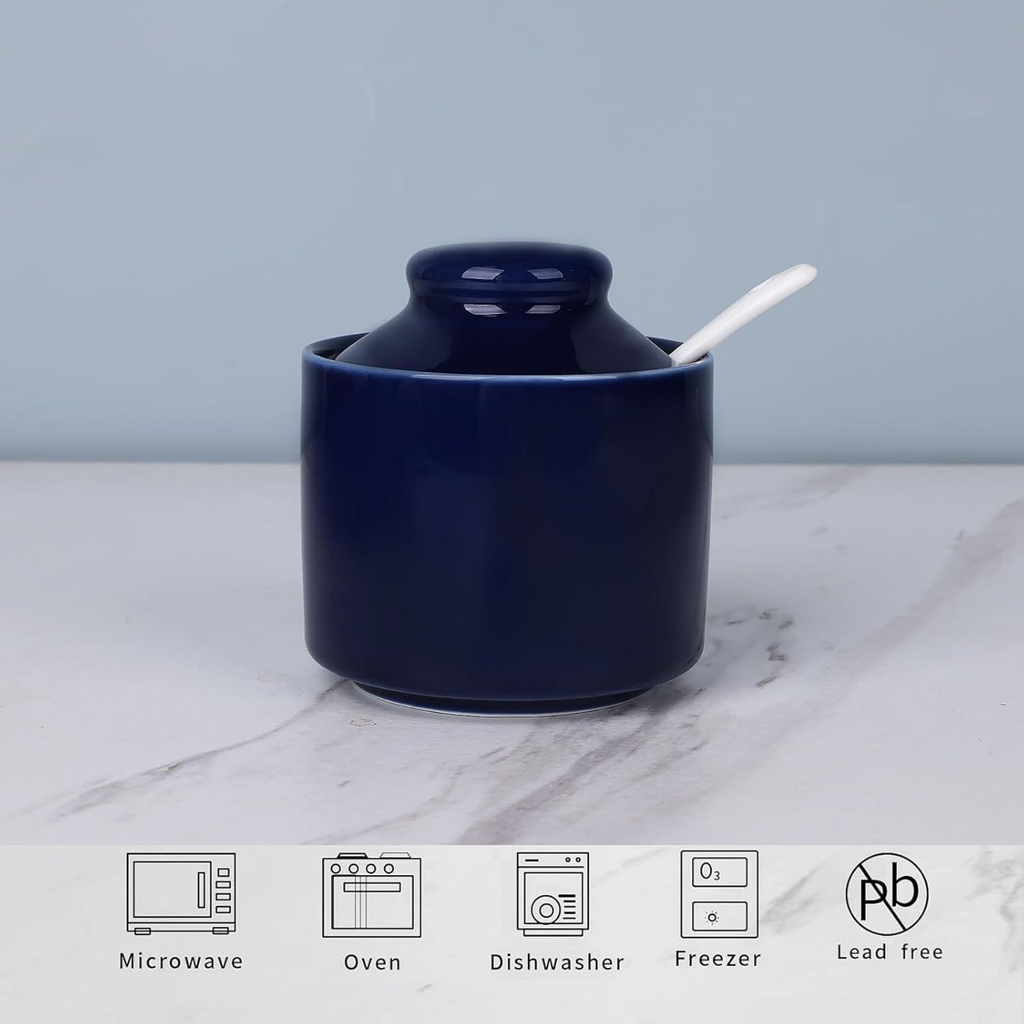 HAOTOP 8 oz Sugar Bowl with Lid and Spoon,Ceramic Sugar Jar Sugar Dispenser Sugar Container Coffee Bar Accessories, Kitchen Countertop Canisters (Navy)