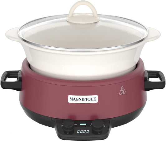 MAGNIFIQUE 5 Quart Programmable Slow Cooker with Auto Warm Setting, Glazed Ceramic Liner, Kitchen Small Appliance for Family Dinners, Red