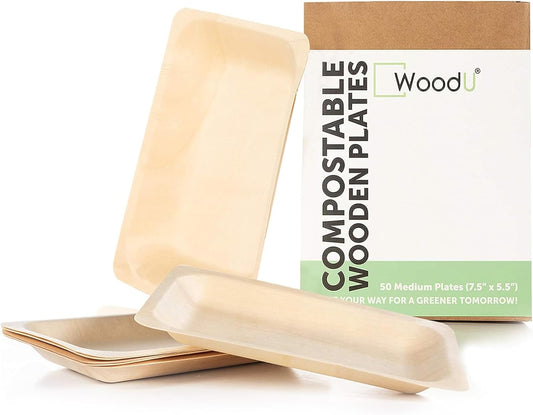 Eco-Friendly Compostable Party Plates - Set of 50 Disposable Wooden Dessert Plates (7.5" x 5.5") for Events and Gatherings