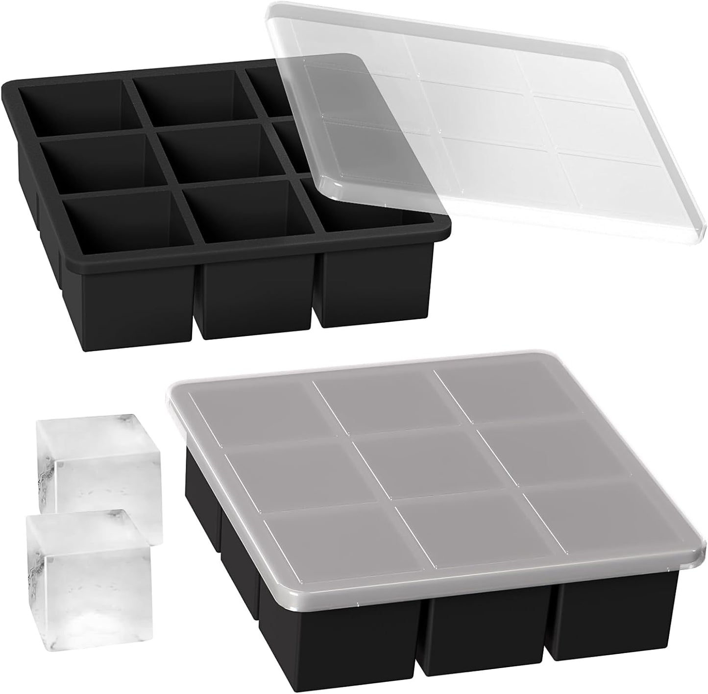 WonderWorld Ice Cube Tray, 9 Portions Gaint Silicone Freezer Tray with lids, 2 Inch Big Ice Maker for Whishkey, 2 pack