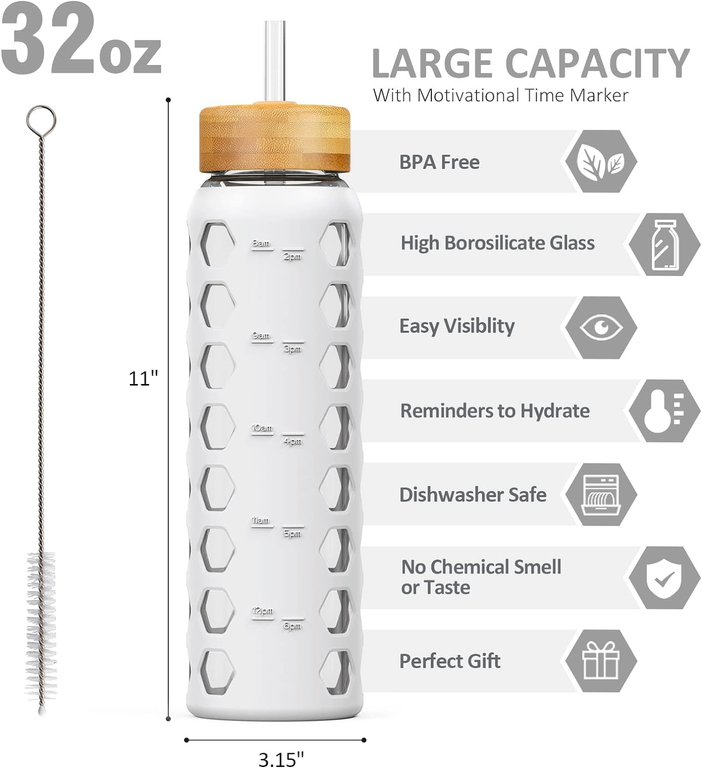 MUKOKO 32oz Glass Water Bottles with 2 Lids-Handle Spout Lid&Bamboo Straw Lid, Motivational Water Tumbler with Time Marker Reminder and Silicone Sleeve, Leakproof-White-1 Pack