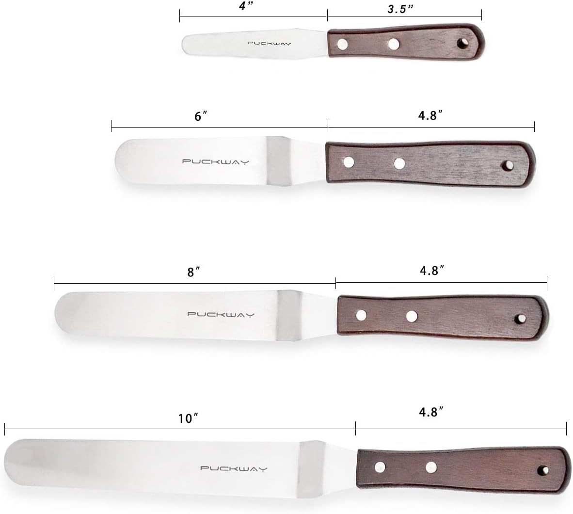 Offset Cake Icing Spatula Set of 4- Professional Stainless Steel Cake Decorating Frosting Spatulas, 4"-6"-8"-10" Flexible Resistant Blade, Wooden Handle For Easy Grip