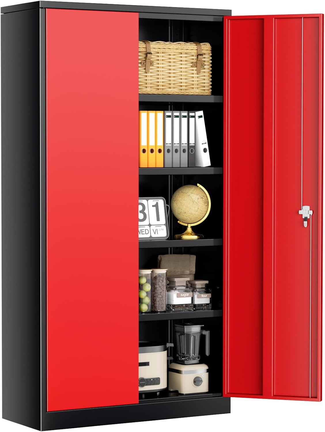 INTERGREAT Storage Cabinet, 72” Steel Locking Closet with Doors and 4 Adjustable Shelves, Tool Unit for Home Office, Garage & Tall Lockable File Cabinet, Black Red.