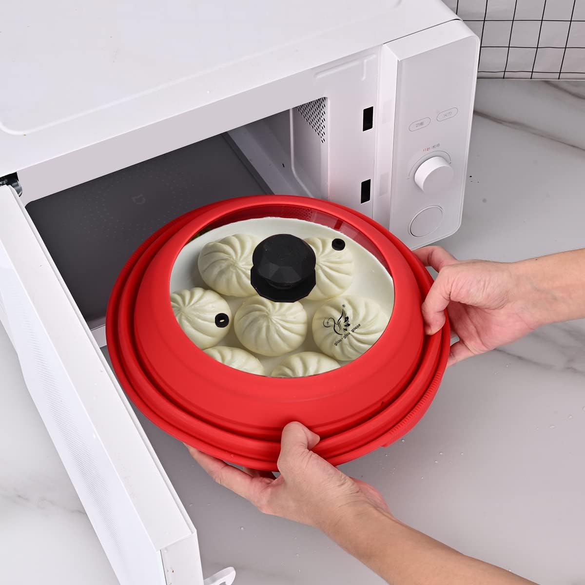 Microwave Splatter Silicone Cover Collapsible, Vented Multifunction Splash Lid with Glass Dish Bowl Plate for Food Cooking Bacon Maker, Dishwasher Safe BPA-Free 10.5 inch Cookware Set with Gloves