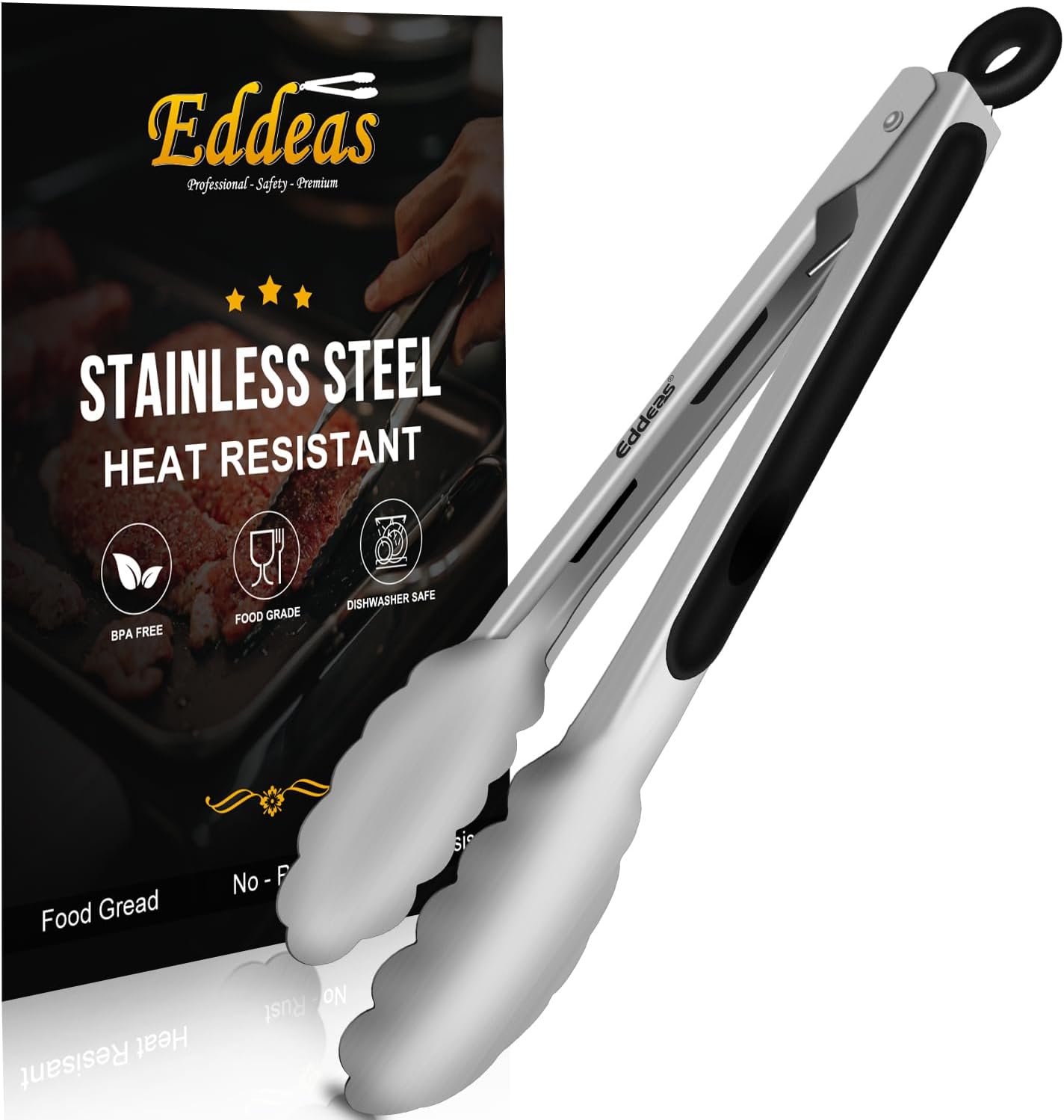 Kitchen Tongs - 9 inch Heavy Duty Food Tongs, Ergonomic Grip Superior Stainless Steel and Non-Slip Heat Resistant handle - Perfect for Cooking, Salad, Grilling, Barbecue,Dishwasher safe