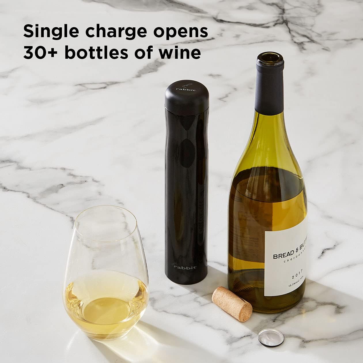 Rabbit Automatic Electric Corkscrew Wine Opener, Cordless Rechargeable, One-Touch Operation, Sleek Shiny Black Finish, Easy to Use for Wine Lovers