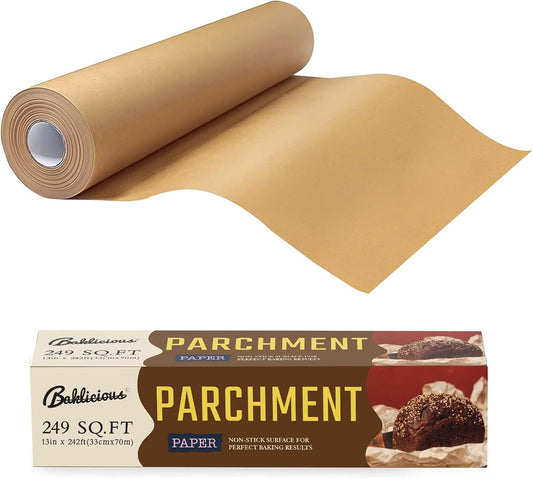 Unbleached Parchment Paper Roll for Baking, 13 in x 242 Ft, 249 Sq.Ft, Baklicious Non-stick Baking Parchment Paper for Baking, Cookies, Bread, Oven, Air Fryer, Steamer, Baking paper