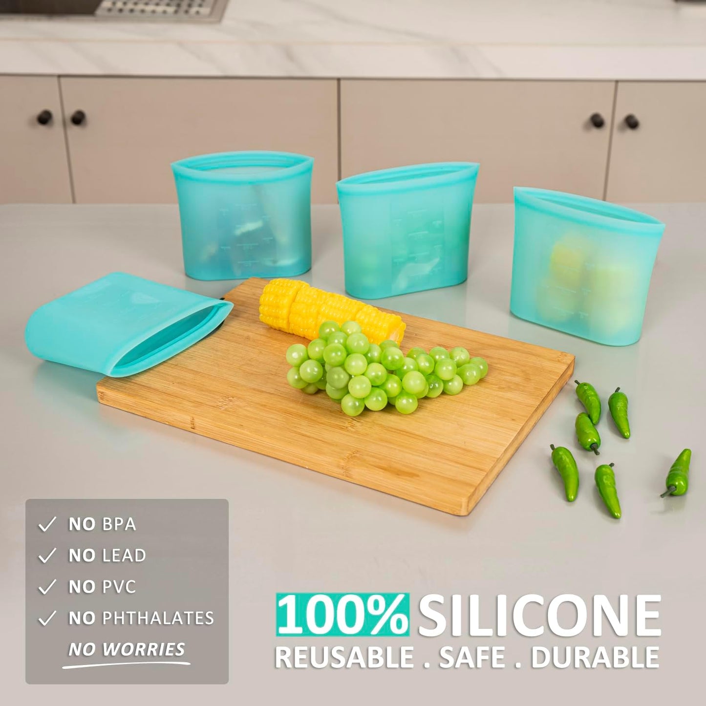 Reusable Snack Bags, 1 Pack, Stand Up 100% Silicone Reusable Storage Bag, Ziplock Silicone Food Storage Containers Snack Size, Freezer Microwave Oven Dishwasher Safe, Aqua, 16oz