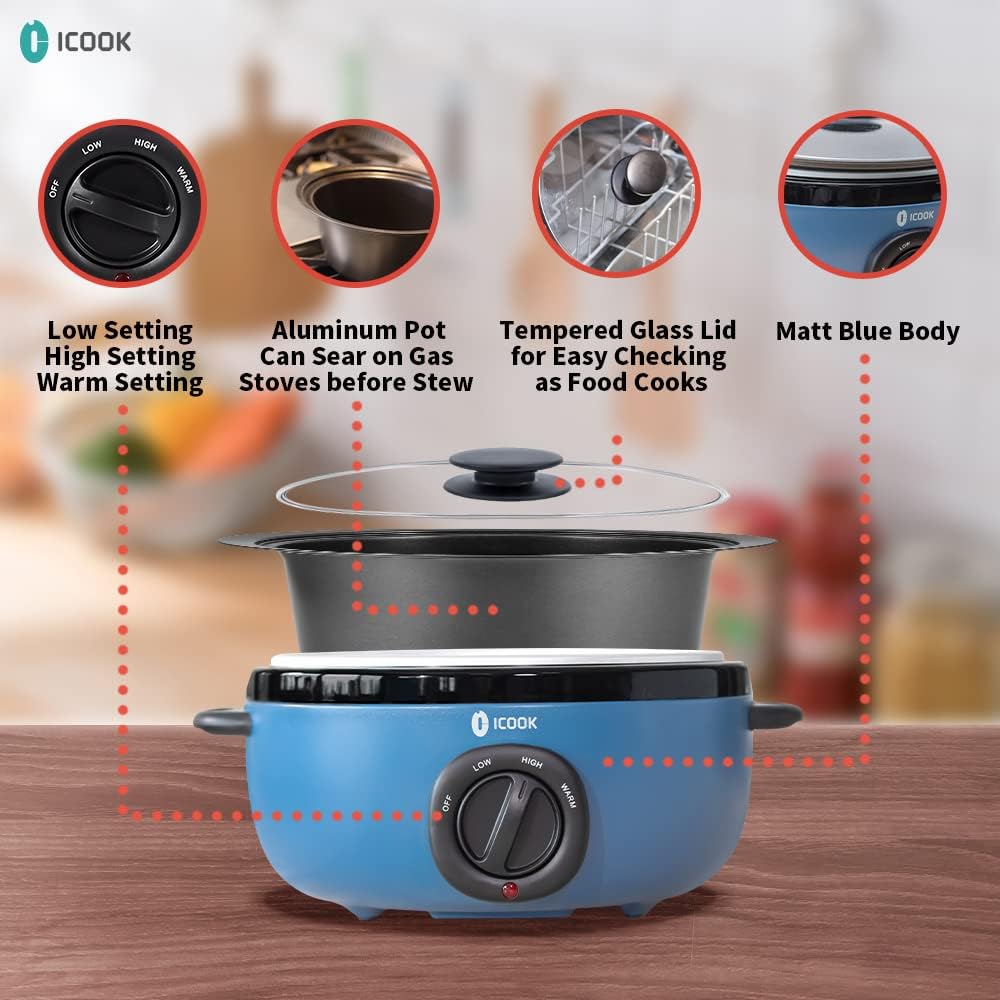 ICOOK USC-65-OP001BL 6.5 Quart Slow Cooker,Aluminium Sear/Sauté Stew Pot Stovetop safe,Dishwasher Safe,Glass Lid,Adjustable Temp,Food Warmer(Blue)