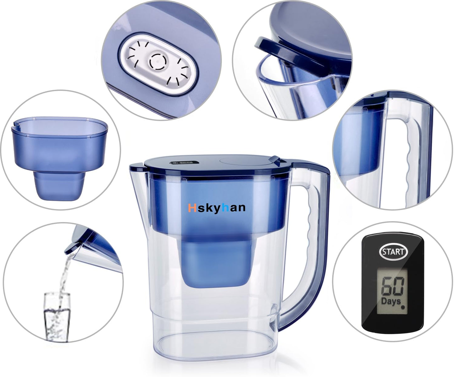 Hskyhan Alkaline Water Filter Pitcher - 3.8 Liters Improve PH, 2 Long Lasting Cartridge Included, BPA Free, 7 Stage Filtration System to Purify, Blue