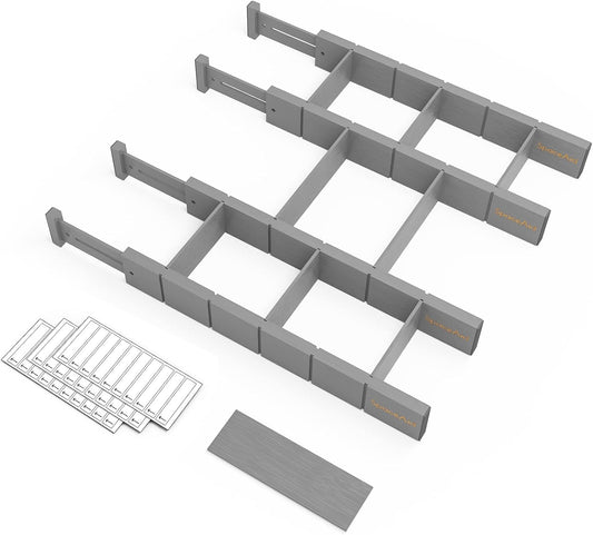 SpaceAid Bamboo Drawer Dividers with Inserts and Labels, Kitchen Adjustable Drawer Organizers, Expandable Organization for Home, Office, Dressers, 4 Dividers with 9 Inserts (17"-22" Gray)