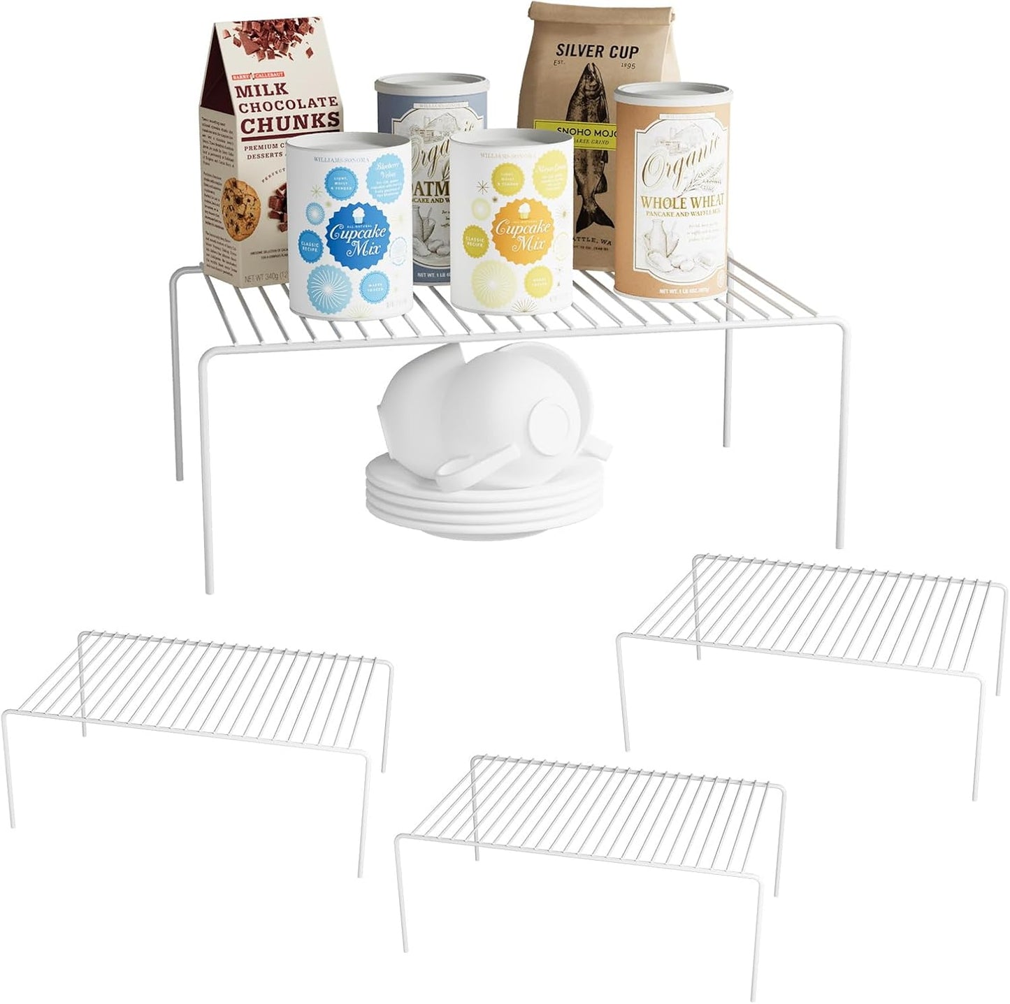 Medium(13 x 9.4 inch)White Cabinet Storage Shelf Rack Set of 4, Rustproof Metal Wire Kitchen Counter Organizers and Storage, Spice Organization for Cabinet, Plate, Dish, Pantry, Bathroom, Fridge