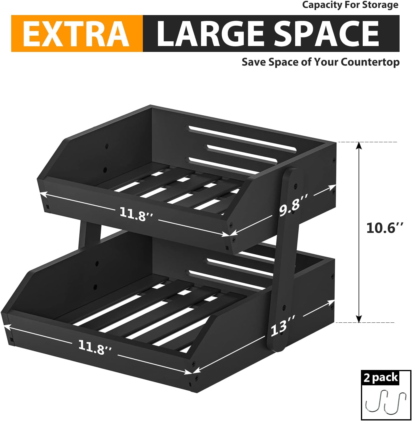 Bamboo Fruit Basket for Kitchen– 2 Tier Fruit Bowl For Kitchen Counter, Large Fruit Holder With 2 Banana Hangers, Idea For Fruit and Vegetable Storage, Bread Basket, Snack Organizer(BLACK)