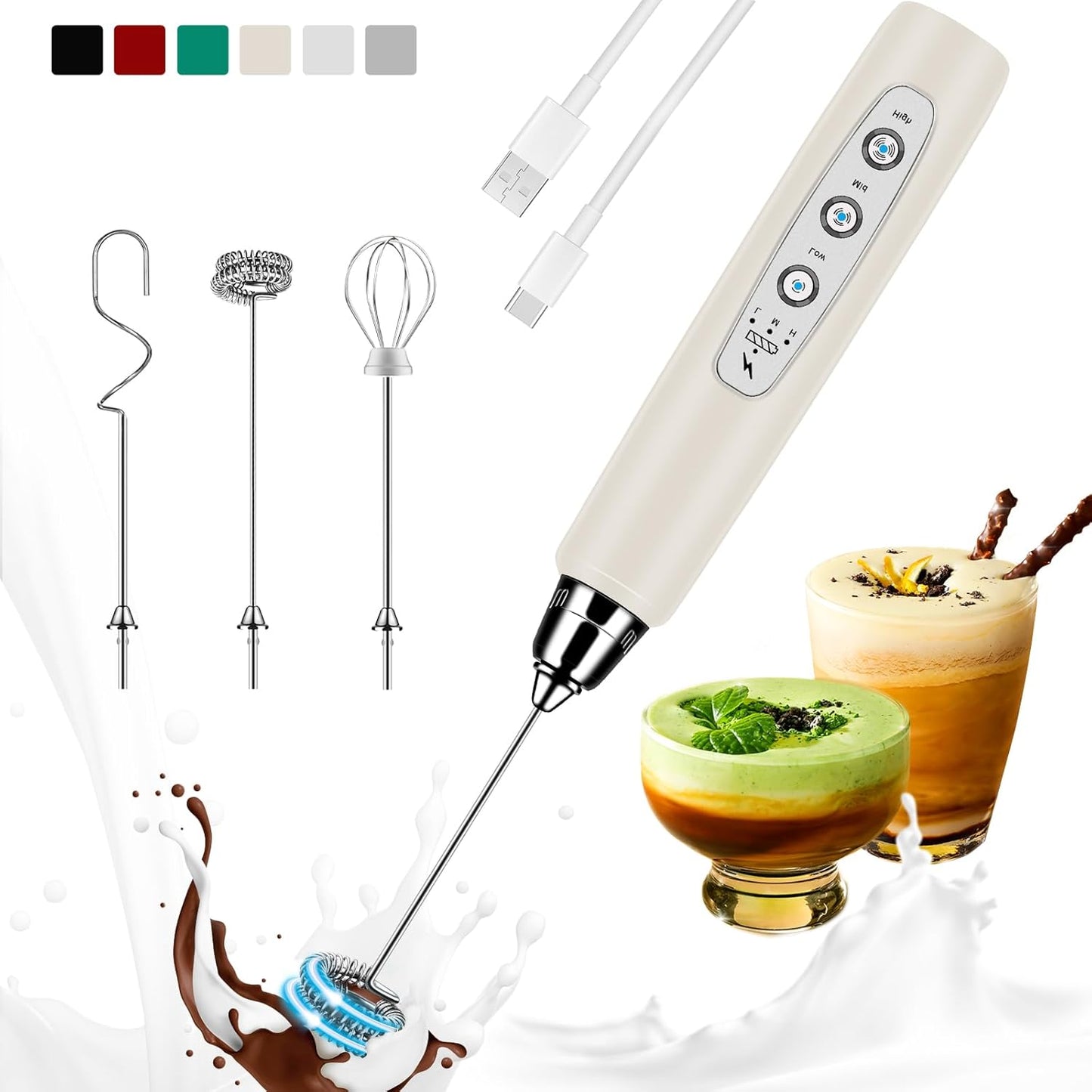 Milk Frother Handheld Rechargeable, Frother Wand Drink Mixer Electric Whisk for Coffee, Detachable With 3 Stainless Whisks, Hand Mixer for Lattes, Cappuccino, Matcha, Egg, No Stand, Beige