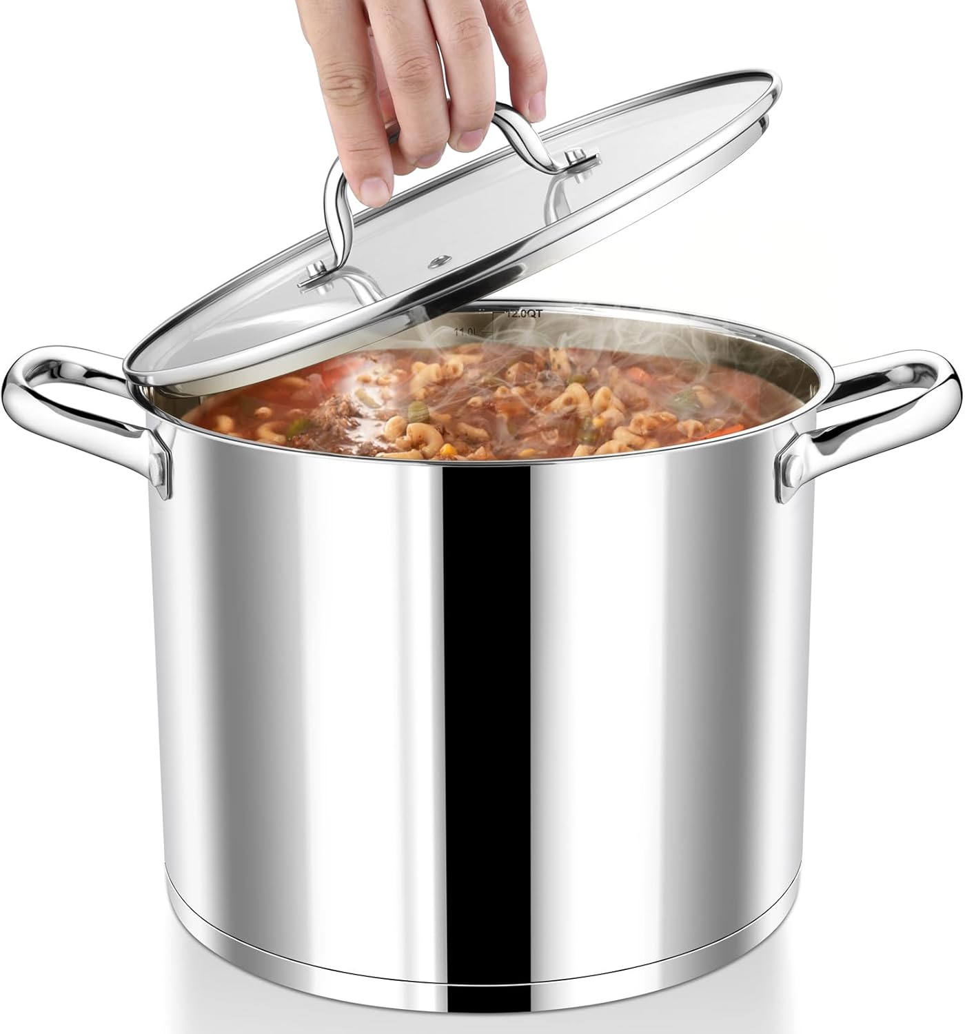 P&P CHEF 12 Quarts Cooking Stock Pot with Lid, Stainless Steel Stockpot Induction Pot for Soup, Tri-Ply Bottom & Clear Glass Lid & Double Handle, Dishwasher Safe