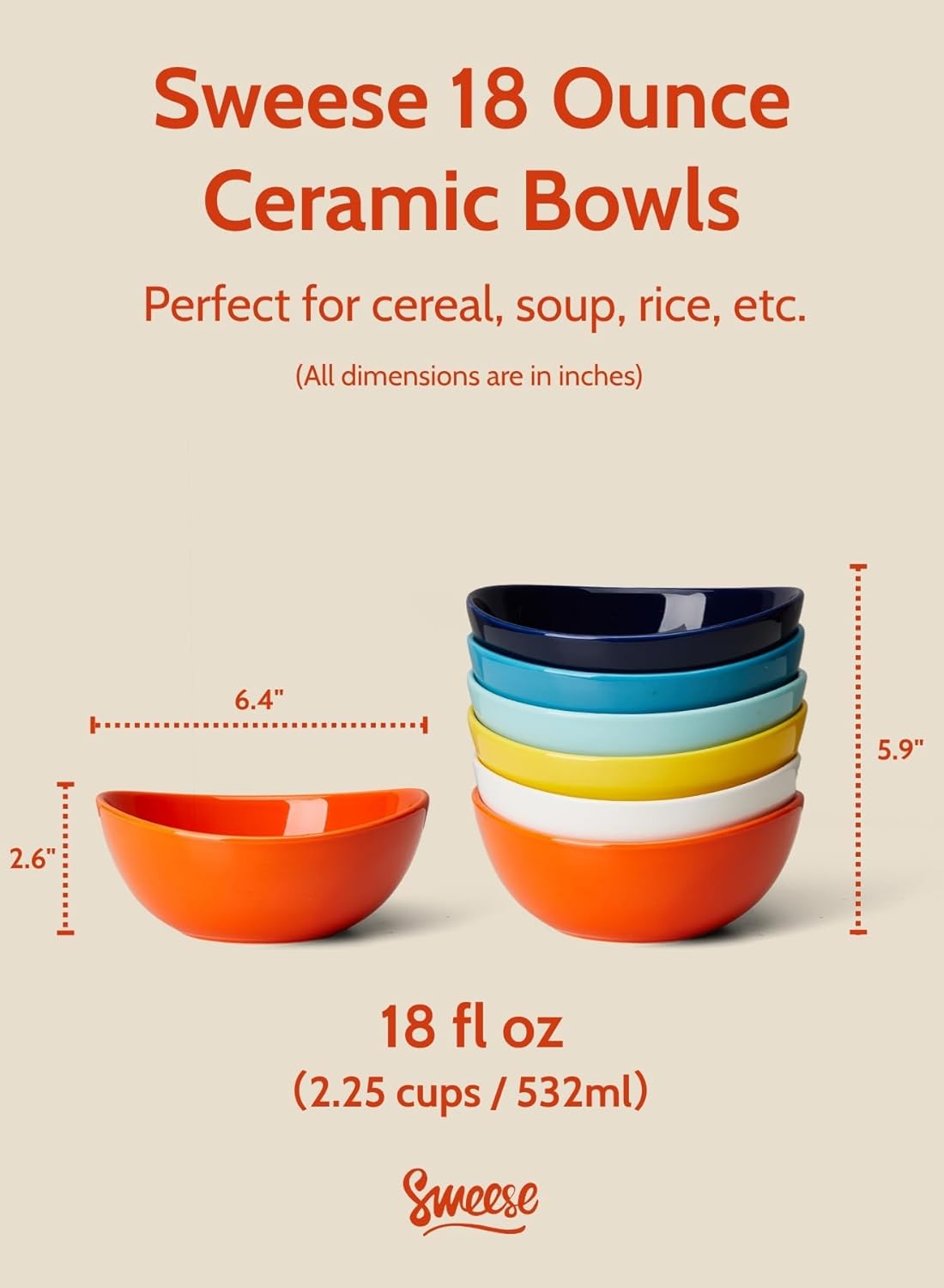 Sweese 6 Inch Porcelain 18 oz Bowls Set of 6, for Soup | Cereal | Fruits | Rice - Microwave, Dishwasher, and Oven Safe - Hot Assorted Color