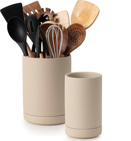 Utensil Holder, 7.3"+5.4" Ceramic 2-in-1 Utensil Holder Set for Countertop, Cooking Utensil Crocks for Kitchen Counter, Organizer for Spatulas & Spoons, Set of 2, Pottery Clay