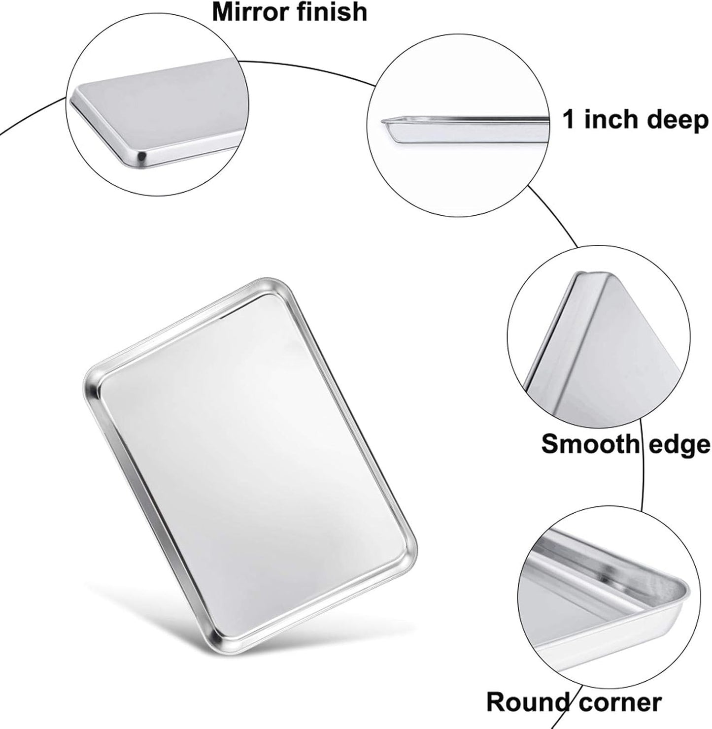 TeamFar 10.5’’ x 8’’ x 1’’ Toaster Oven Pan with Rack Set, Small Baking Pans Tray Stainless Steel with Cooling Rack Set of 4, Non-Toxic & Heavy Duty, Mirror Finish & Dishwasher Safe