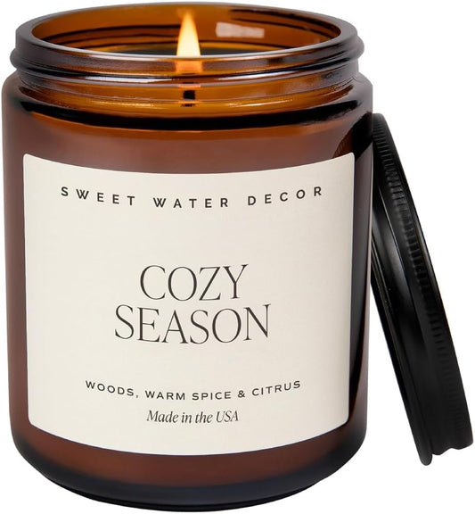 Sweet Water Decor Cozy Season Soy Candles - Fall Candles with Woods, Warm Spice, and Citrus Scent for Home Decor - Soy Candle with 40 Hours Burn Time - 9Oz Black Lid Amber Jar Candles Fall Scents