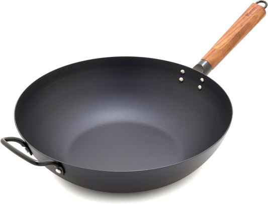 GreenPan Carbon Steel Wok 12”, Flat Bottom, Durable Stir-Fry Pan, Pre-Seasoned Nonstick Patina, High Heat Retention, Induction, Ash Wood Handle, Kyoto, Black