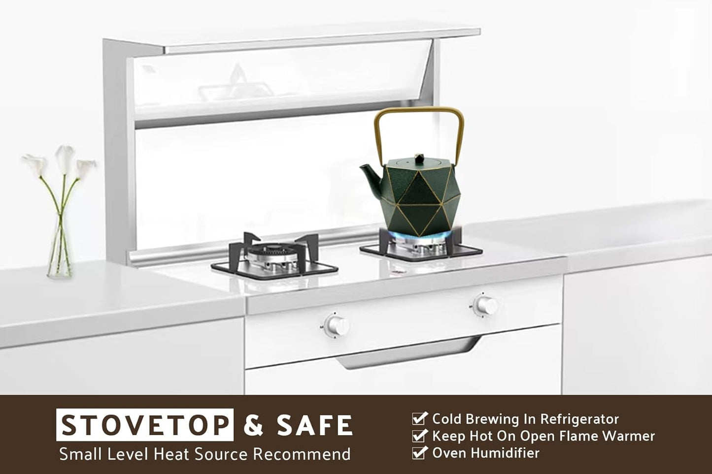 Toptier Cast Iron Teapot, Stovetop Safe Japanese Cast Iron Tea Kettle, Diamond Design Tea Pot with Removable Infuser for Loose Tea, 30 Ounce (900 ml), Dark Green