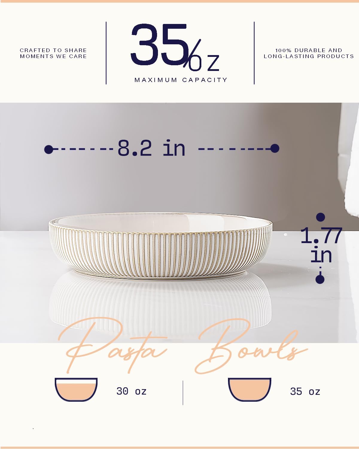 getstar Pasta Bowls, Large Salad Serving Bowls (8.2 inch/35 oz), Ceramic Bowl Plates Set of 4, Farmhouse Embossments, Microwave and Dishwasher Safe