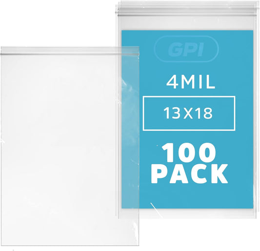 GPI - 13" x 18" - Bulk Pack of 100, 4 Mil Thick, Heavy Duty, Clear Plastic Reclosable Freezer Zip Bags, Strong & Durable Poly Baggies with Resealable Zipper Top Lock.