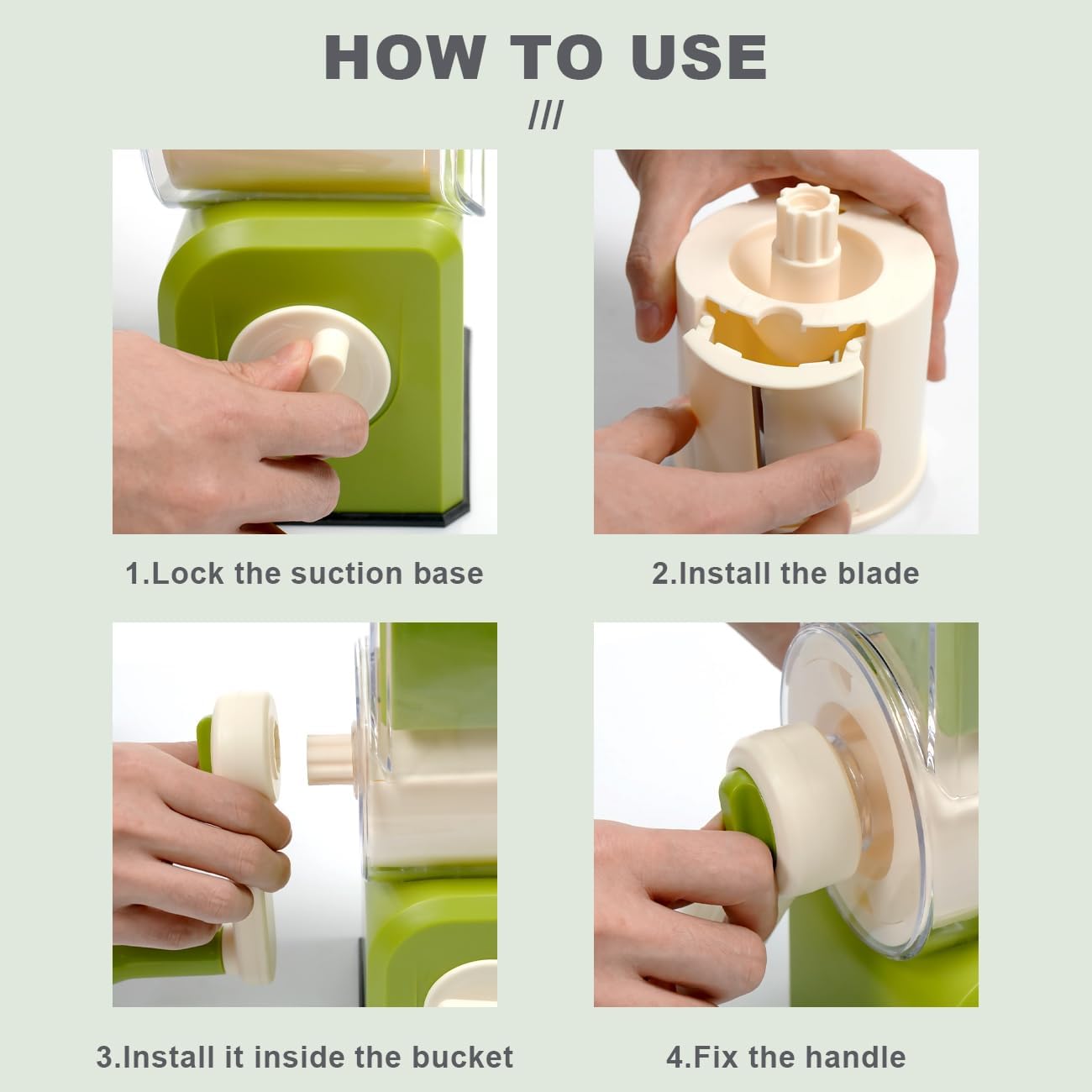 3 in 1 Cheese Grater, Rotary Cheese Grater with Handle for kitchen, Vegetable Slicer with 3 Replaceable Stainless Steel Blades,Peeler and Rubber Gloves (Green)