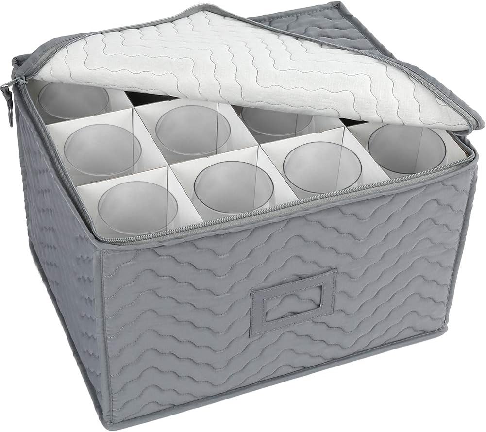 LotFancy Stemware Storage Container - Deluxe Quilted Storage Case with Dividers for 12 - Wine Glasses, Champagne Flutes, Glassware, Drinkware Storage Box Chest, 15.5"x12.5"x 10", Gray