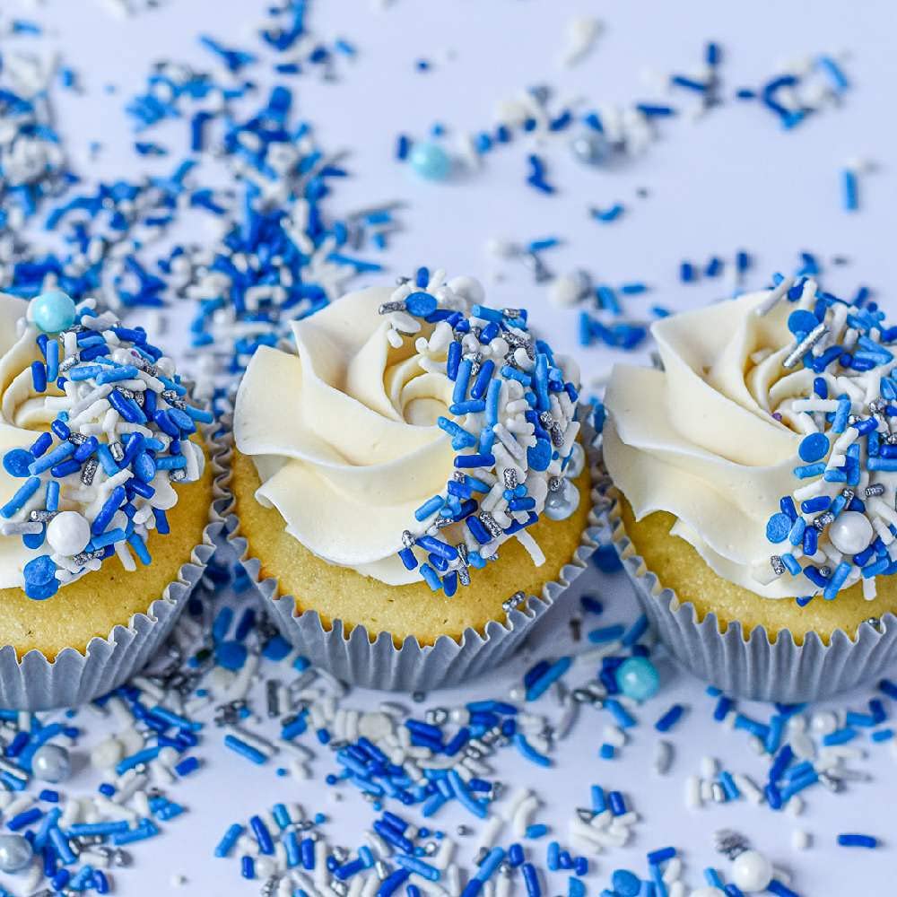Blue Sprinkles for Cake Decorating and Baking - Fancy Sprinkles for Gender Reveal Cake Decorations in Blue and White Sprinkles with Jimmies, Nonpareils - Cake and Cupcake Sprinkles Decorations