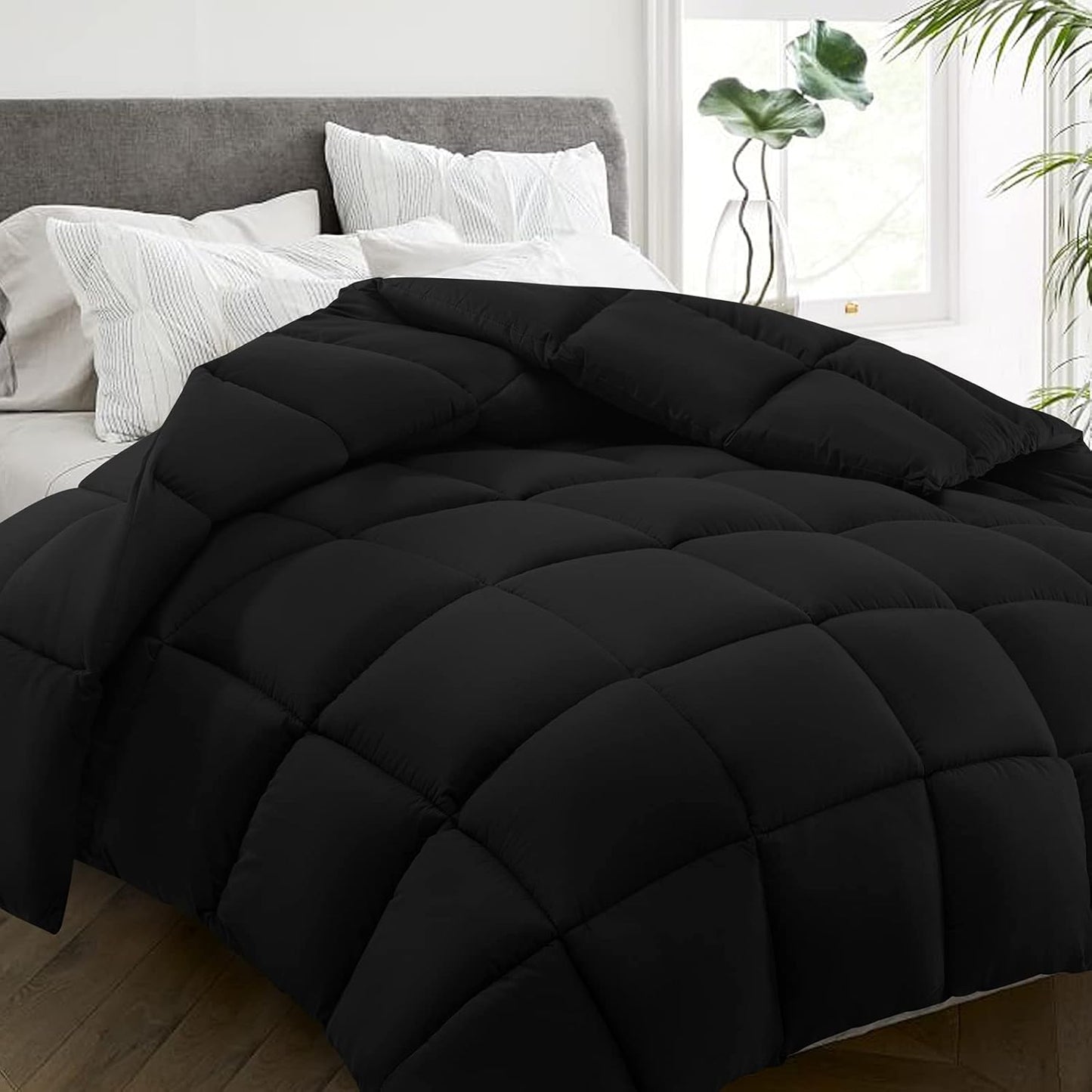 HYLEORY All Season Full Size Bed Comforter - Cooling Down Alternative Quilted Duvet Insert with Corner Tabs - Winter Warm - Machine Washable - Black