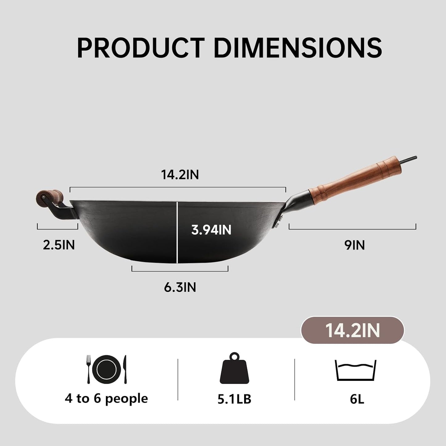 WANGYUANJI Cast Iron Wok Pan 14.2 inch Large Wok Stir Fry Pan Flat Bottom Wok with Lid and Wood Handle, Suitable for All Cooktops, Uncoated Craft Pot Healthy Cooking Pot