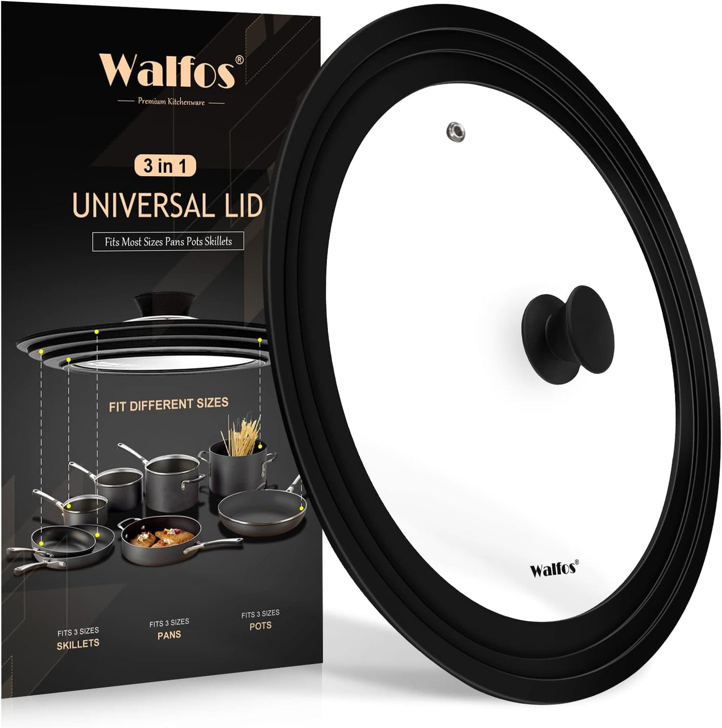 Walfos Universal Lid for 9.5", 10.5" and 11" Diameter Cookware, Fits Pots, Pans and Skillets - Walfos Tempered Glass Pan Lid with Heat Resistant Silicone Rim, BPA Free Pot Lids, Dishwasher-Safe, Black