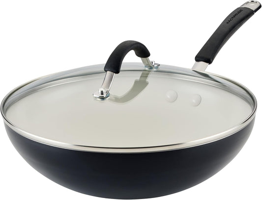 Rachael Ray Cucina Ceramic Nonstick Stir Fry Pan and Lid, 11 Inch Non Stick Wok Pan, Dishwasher Safe - Peppercorn