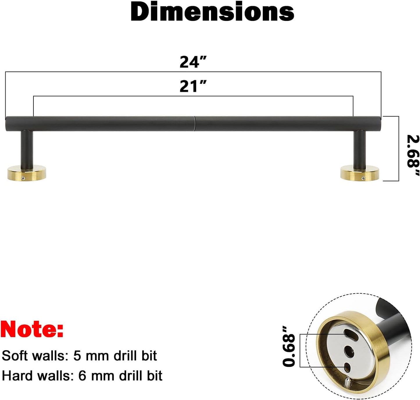 NearMoon Bath Towel Bar, Bath Accessories Thicken Stainless Steel Shower Towel Rack for Bathroom, Towel Holder Wall Mounted (1 Pack, Matte Black & Gold, 24 Inch)